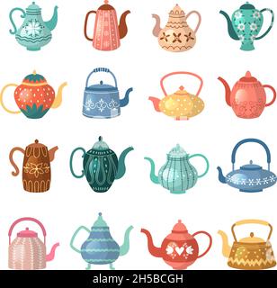 Kettle for hot drinks. Colored flat decorative kitchen ceramic pots recent vector illustrations set isolated Stock Vector