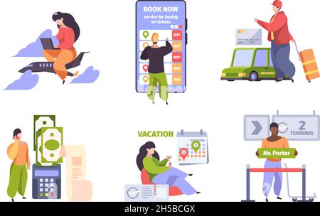 Online booking. Traveling concept scenes with characters fly ticket mobile check in hotel purchase people travellers garish vector flat illustrations Stock Vector