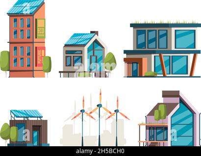 Eco buildings. Energy smart solar panels on houses modern buildings and windmills garish vector flat illustrations orthogonal views Stock Vector