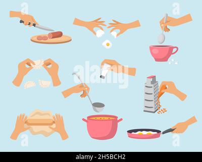Preparing food. Cooking processes hands with kitchen utensils preparing products fish soup cakes salad recent vector cartoon illustrations set Stock Vector