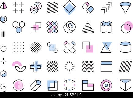 Memphis geometry. Abstract forms lines triangles circles dots geometrical shapes for design projects 80s style garish vector collection set Stock Vector