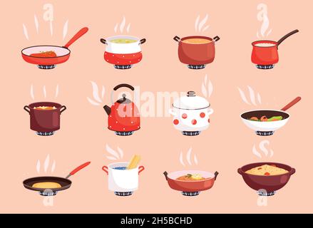 Cooking food. Boiling in kitchen pan on gas stove cookware processes egg and soup preparing nowaday vector flat pictures set isolated Stock Vector