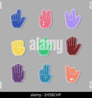 Fans gloves. Colored hands cheering sport fans thumbs up on stadium conference garish stylized vector flat pictures isolated Stock Vector