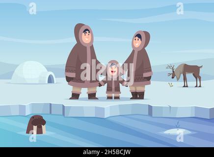 North pole background. Eskimo authentic people winter cold clothes happy characters exact vector cartoon landscape Stock Vector