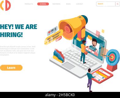 We are hiring landing. Business employers person use loudspeaker recruitment concept hiring good team or worker specialist resume garish vector web Stock Vector