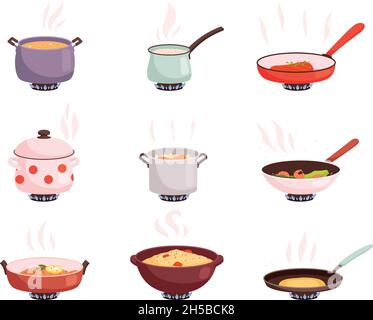 Cooking stove. Boiling processes kitchen utensils for well food on pan nowaday vector product preparing flat illustrations Stock Vector