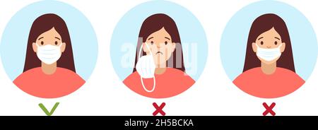Right or wrong protective mask wear. Flu prevention, self protection for face nose mouth vector poster Stock Vector
