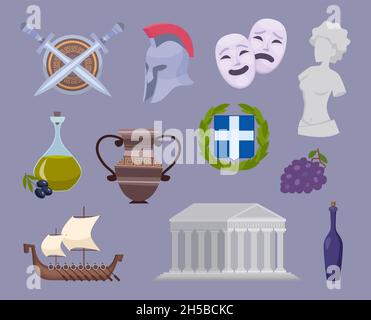 Greece collection. Traditional authentic cultural object of greece travelling symbols europe landmarks exact vector cartoon set isolated Stock Vector