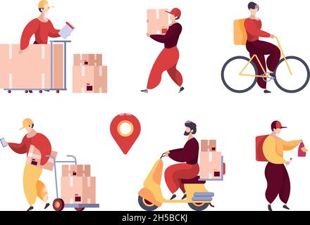 Delivery service. Professional deliver characters warehouse workers postman with packages and transport garish vector flat stylized people Stock Vector
