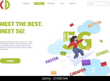 5g landing page. Future mobile technologies gsm internet high speed cellular systems garish vector business web page template Stock Vector