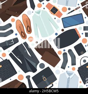Clothes pattern. Textile design with different business clothes for male and female characters pants suits shirt shoes skirt garish vector seamless Stock Vector