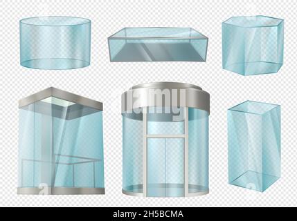 Glass cylinders. Transparent showcases stands in various forms cylinder cube blank elevator in mall. Decent vector realistic templates Stock Vector