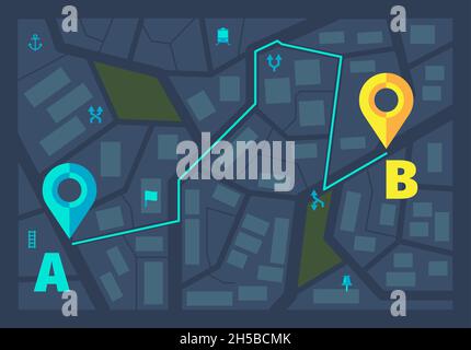 GPS ui dark theme. Gps city tracking maps route line with pin markers geography modern infographic for travellers garish vector template Stock Vector
