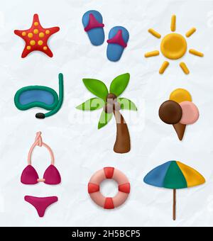 Clay sculpt. Kids education artwork realistic summer objects soft modeling fishes sunglasses marine symbols palm tree decent vector illustrations Stock Vector