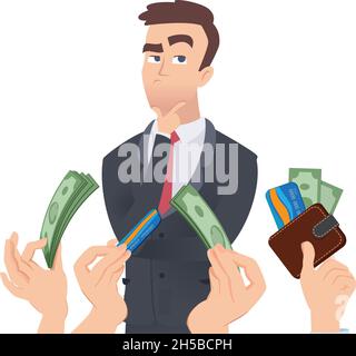 High qualification employee. Manager thinking, hands with money. Employer offers salary vector concept Stock Vector