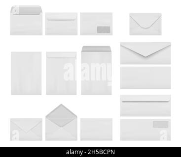 Envelopes collection. Business correspondence letters realistic mockup a4 printing stationery decent vector illustrations set isolated Stock Vector