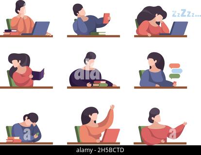 Lazy students. People in lecture room with laptop college persons studying sitting listening talking sleeping in university garish vector Stock Vector