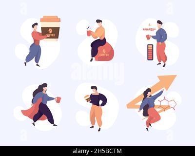 Caffeine stimulation. Energizer people drinking hot drink from cup concept of energy persons stressed good feelings office tea rest time garish vector Stock Vector
