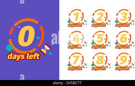 Days to go. Badges design with days counter timer weeks 1 one two three sale countdown 8 or 5 garish vector templates Stock Vector