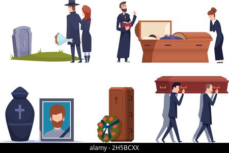 Death service. Grave ceremony tomb cemetery people sad persons psychology problems loss burial exact vector collection set in flat style Stock Vector