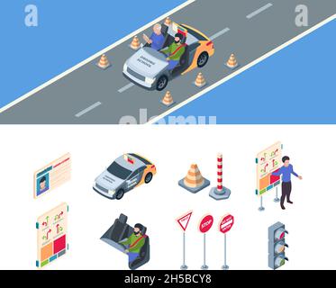 Drive school. Zone for drivers examination autopark barrier cones students learning rules of automobiles and signs garish vector isometric Stock Vector