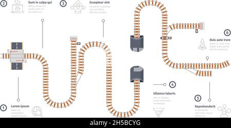 Railway road. Business infographic with railroad maps station points city navigation tracking maze concept garish vector picture template Stock Vector