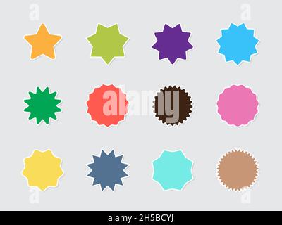 Burst stars. Circle colored emblems promo badges round starburst shapes garish vector flat labels collection stylized forms Stock Vector
