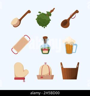 Sauna items. Spa relax tools for bathing baden bath wooden bucket towel garish vector flat pictures collection Stock Vector