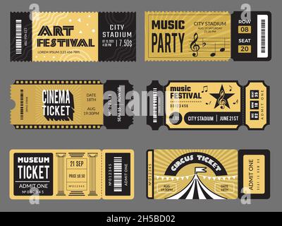Event tickets. Entrance entertainment tickets to theatre cinema kids party soccer music concert recent vector design templates collection Stock Vector