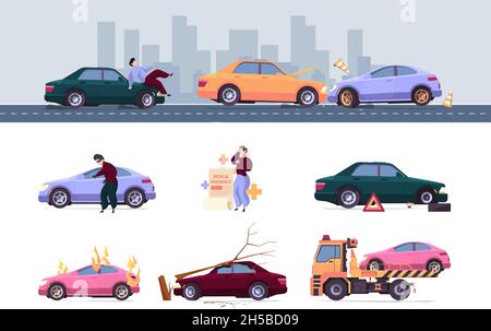 Insurance car. Crash auto accident drivers save life vehicle problems robbery damaged fire garish vector insurance concept flat pictures Stock Vector