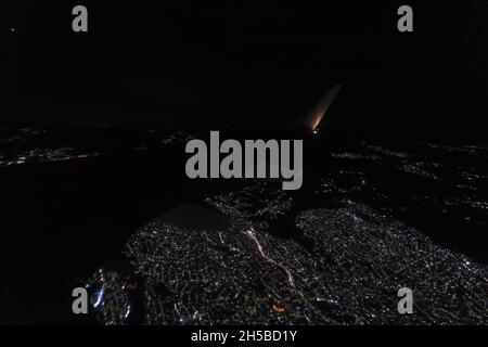 airport lights during landing at night Stock Photo