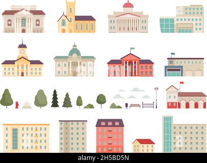 Urban municipal houses. Different buildings in city infrastructure office police and fire station bank supermarkets hospital campus nowaday vector Stock Vector