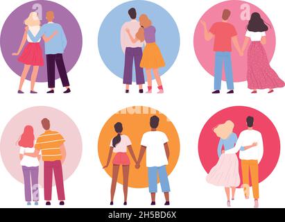 Back couples. Adult people walking family hugging and running together nowaday vector cartoon persons in flat style isolated Stock Vector