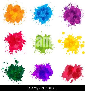 Paint splashes. Colored backdrop abstract splatter graphics ink yellow blue green magenta recent vector collection splashes template Stock Vector