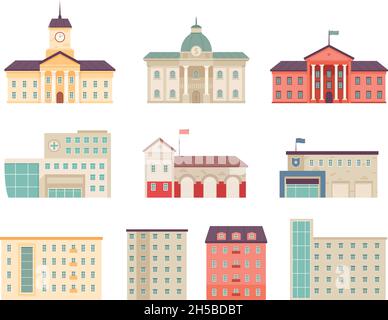 Municipal buildings. Government houses city library hospital bank supermarket campus urban buildings nowaday vector flat construction isolated on Stock Vector