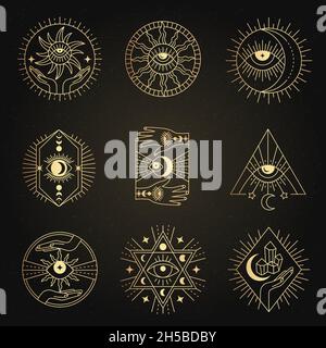 Occult emblems. Meditation alchemy mystical esoterism magic symbols recent vector geometrical line forms for business logotypes collections Stock Vector