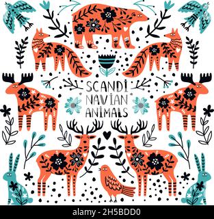 Cute animals of north. Scandinavian wild creatures, bear and deer, rabbit and fox between branches and berries, vector illustration of nordic animals isolated on white background Stock Vector