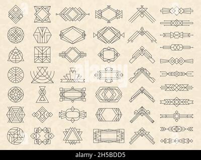 Art deco geometrical shapes. Modern design elements for emblems and logotypes triangles circles dividers frames and arrows recent vector templates Stock Vector