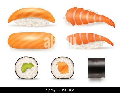 Sushi realistic. Different japanese food from fish sushi seaweed rolls delicious products from asian cousine decent vector illustration collection Stock Vector
