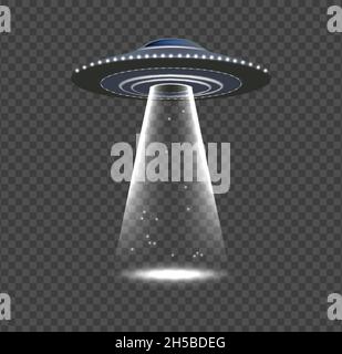 UFO invasion. Alien spaceship, realistic space object with rays. Flying ship, lights and glow vector elements Stock Vector