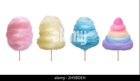 Cotton candy. Sugaring delicious food for kids sweet dessert products decent vector realistic cotton templates isolated Stock Vector