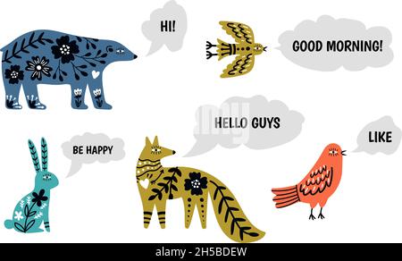 Animal speak. Speech bubbles and scandinavian style characters. Text positive messages from forest vector set Stock Vector