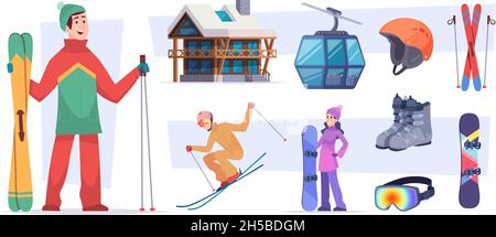Ski resort. Christmas winter village snow activities in alps holiday landscape trails in mountain exact vector flat pictures of ski resort symbols Stock Vector