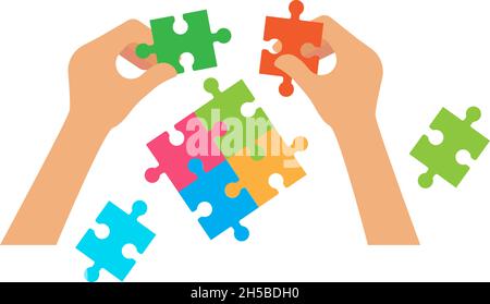 Hands hold puzzle. HR or collaboration concept, home simple game. Family evening, people collect parts in whole vector concept Stock Vector