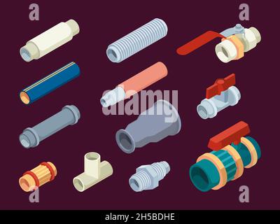 Pipe counters. Valves temperature and water measuring scale plumbing equipment steel counters garish vector isometric illustrations Stock Vector