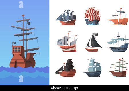 Pirate boats. Old shipping sails traditional vessel pirate symbols garish vector illustrations collection set Stock Vector