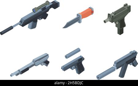 Isometric weapons. Automatic gun arms for warriors modern soldiers equipment for explosions garish vector different weapons Stock Vector