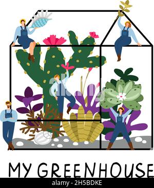 People in greenhouse. Tiny farmers holding succulents plants flowers. Garden workers vector concept Stock Vector