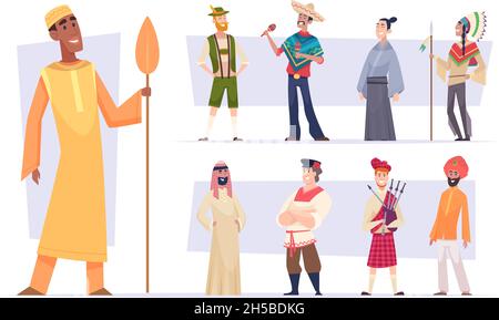 Ethnic groups. Funny people in different nationalities in ethnic clothes exact vector illustrations Stock Vector