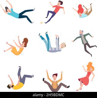 Falling persons. Old people fall on wet floor danger situations crash characters pain legs exact vector illustrations Stock Vector
